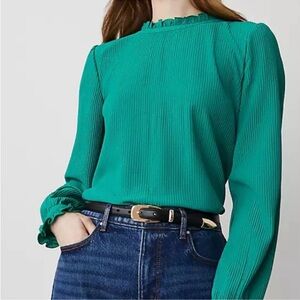 Ann Taylor Teal Blouse with Ruffle Neck